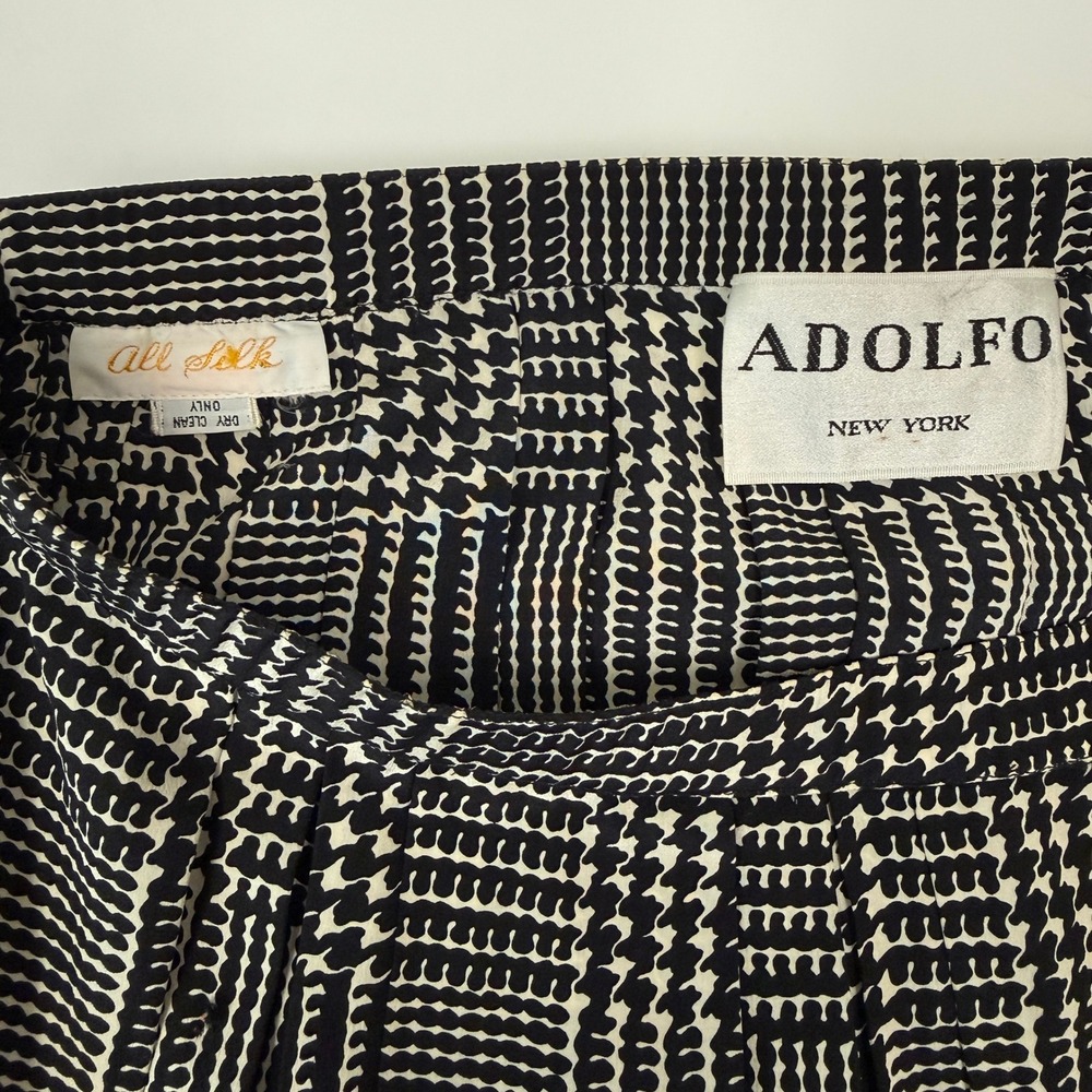 Vintage Adolfo Womens Silk Houndstooth Pleated Skirt Size Medium Black White - Picture 2 of 8